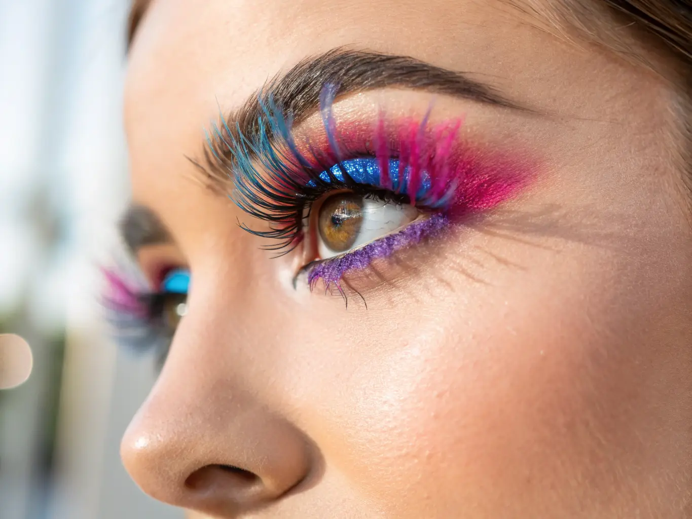 An image featuring bold graphic eyeliner in vibrant colors, highlighting the eyes as a statement feature, against a clean, minimalist backdrop.
