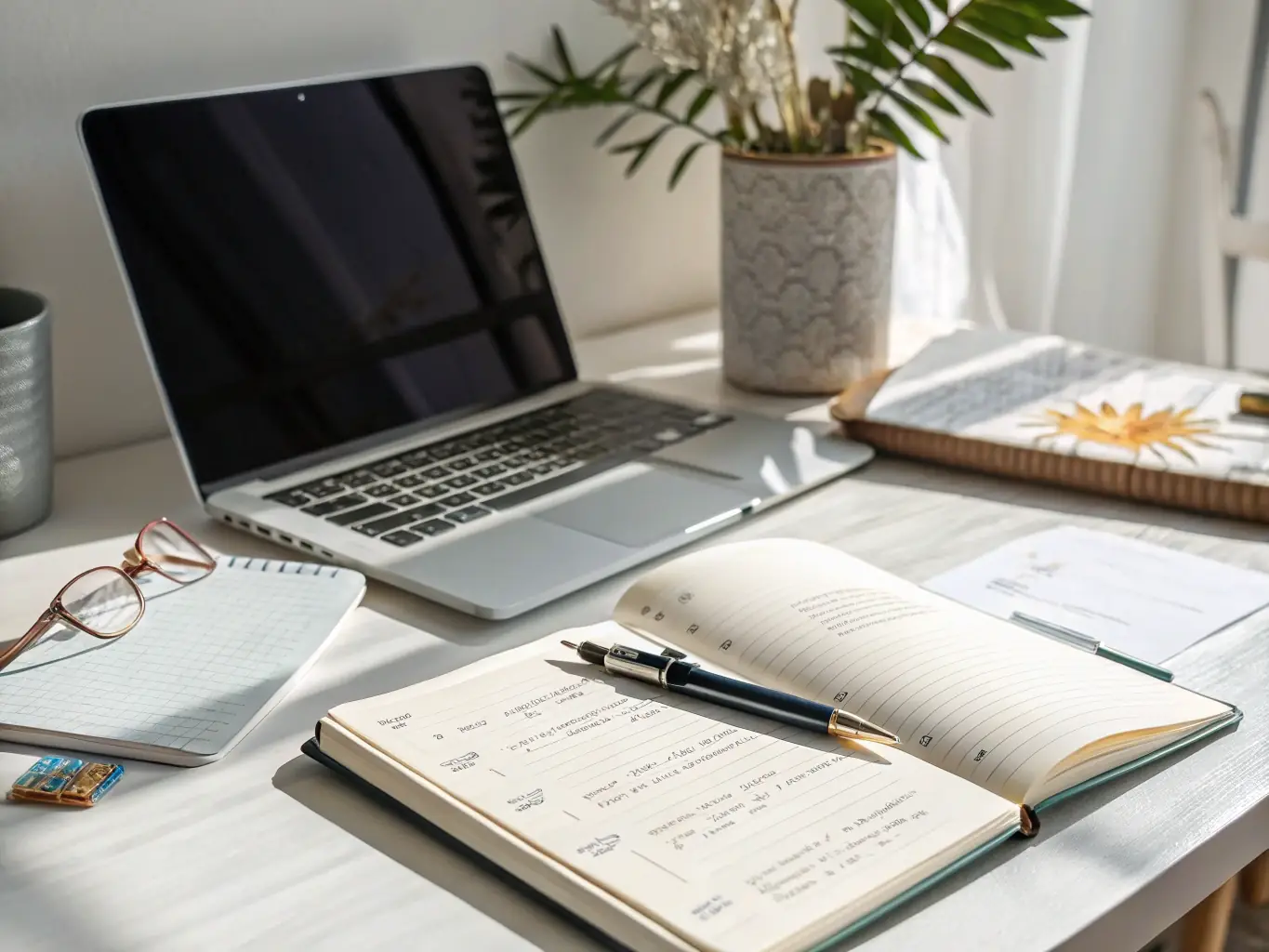 A brightly lit, minimalist workspace featuring a neatly organized desk with fashion magazines, a stylish planner, and a cup of coffee, symbolizing productivity and organization.