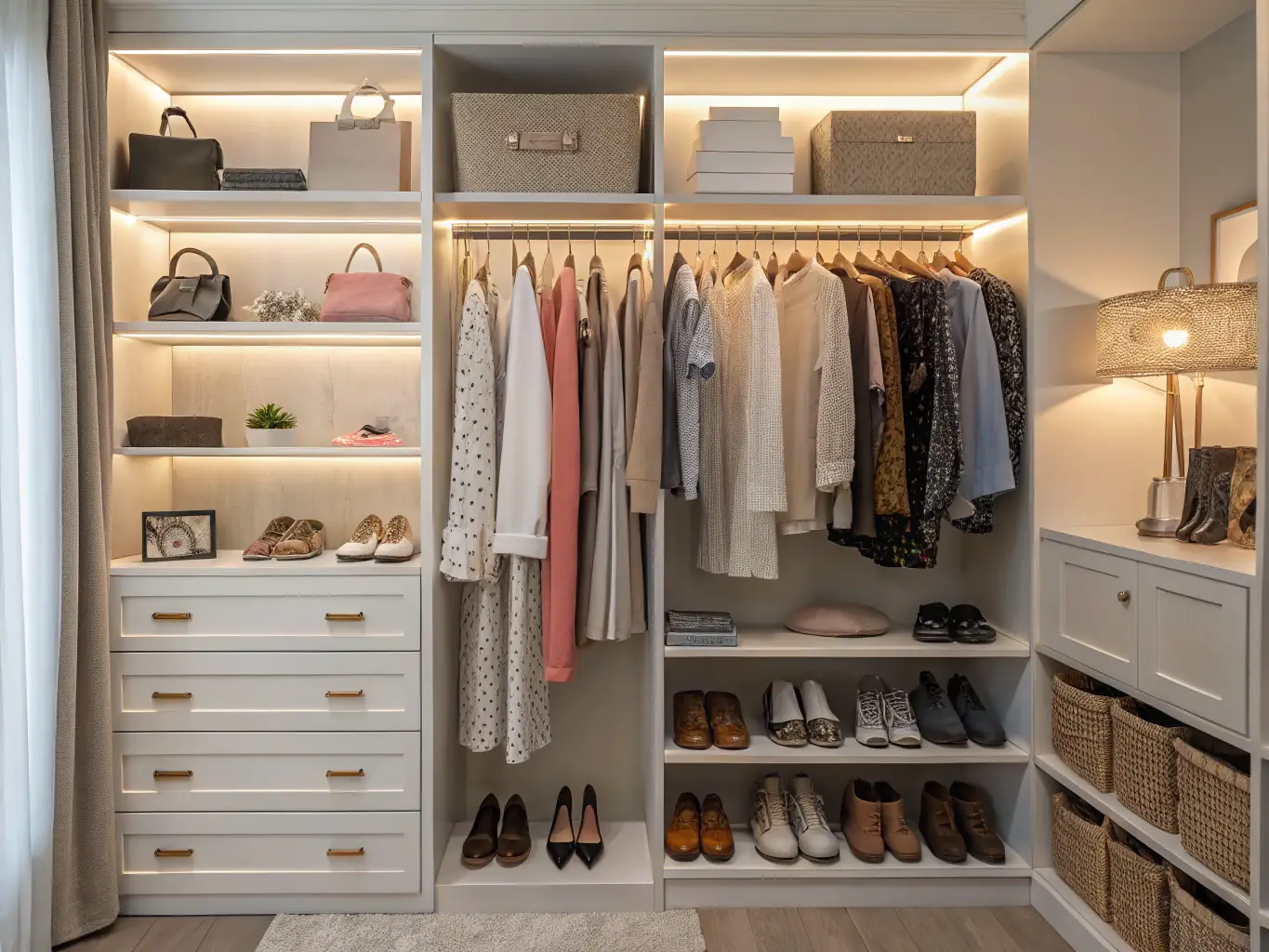 A well-organized closet with color-coordinated clothing and accessories, demonstrating efficient storage solutions.