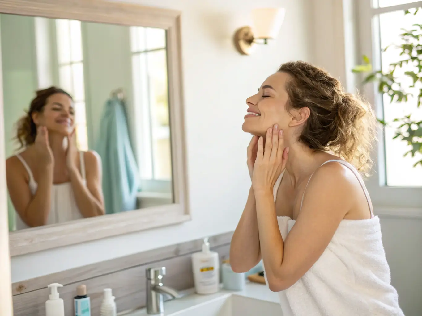 A woman applying a quick makeup touch-up in a compact mirror, showcasing a time-saving beauty routine.